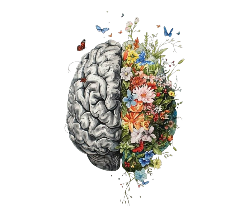 Illustration : cerveau mi-anatomique mi-fleuri